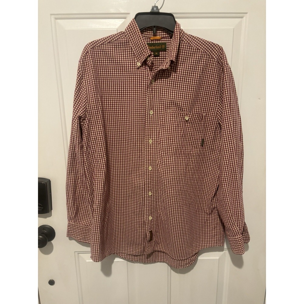 Timberland Shirt Dress Button Up Men's Med Red Plaid Cotton Pocket Long Sleeve